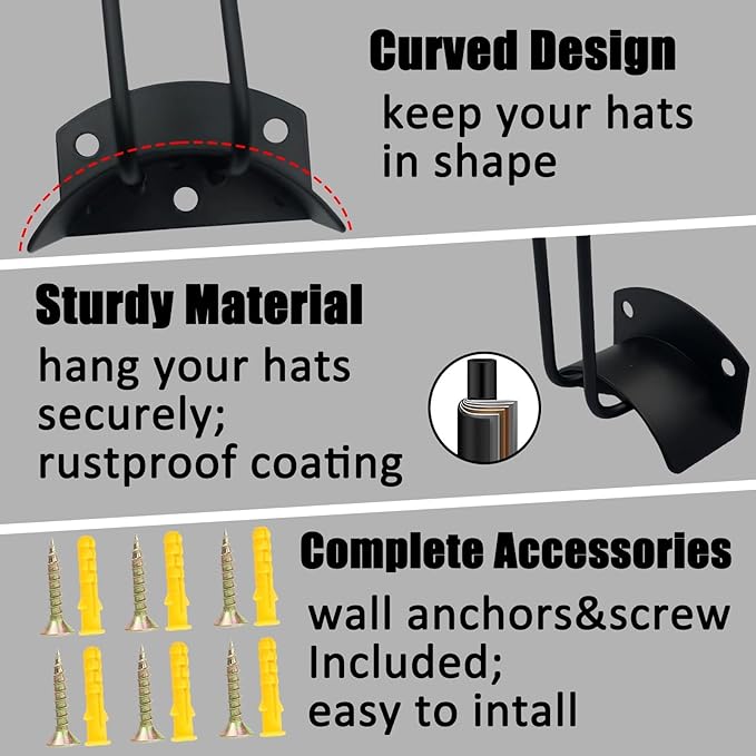 2 Pack Black Iron Hat Racks for Baseball Caps, Heavy Duty Adhesive Hat Hooks for Wall, Industrial Style Hat Organizer with Anti-Rust Coating, for Door, Closet, Garage & Man Cave