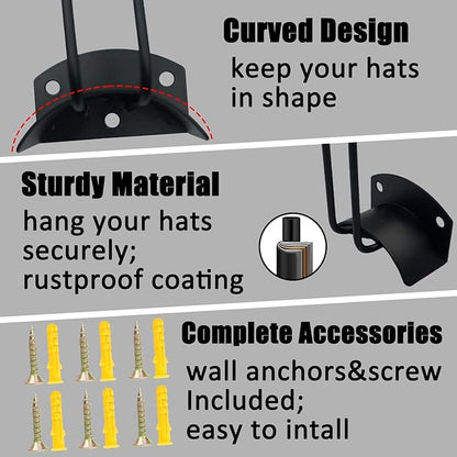 2 Pack Black Iron Hat Racks for Baseball Caps, Heavy Duty Adhesive Hat Hooks for Wall, Industrial Style Hat Organizer with Anti-Rust Coating, for Door, Closet, Garage & Man Cave