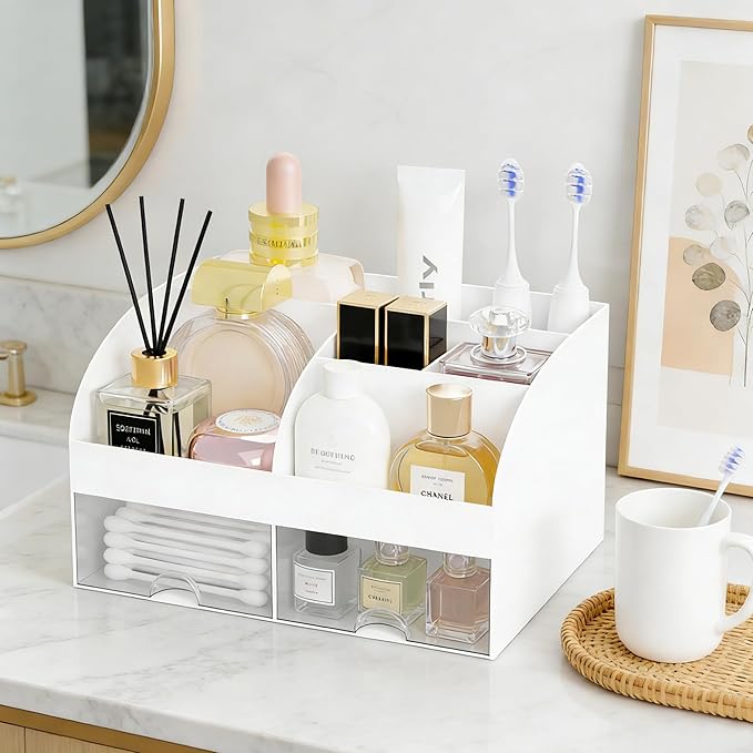 Makeup Organizer with 2 Drawers, Cosmetic Storage for Dresser Vanity and Bathroom Countertop,Make up organization and Skincare Storage with Beauty Brush Holder, Cosmetic Display Case (White)