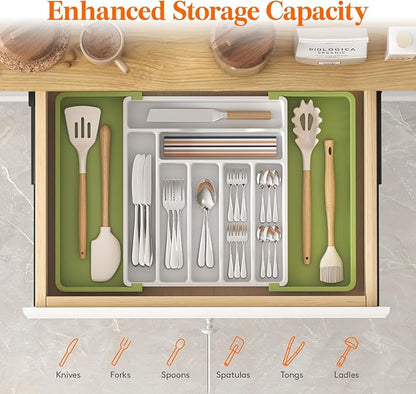 Lifewit Utensil Organizer for Kitchen Drawer, Expandable Cooking Silverware Tray, Adjustable Cutlery Flatware Holder, Plastic Spatula Tools Storage Divider, 13-22.4 x 15", Green&White