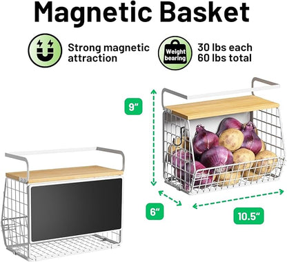 Magnetic Shelf for Fridge with Wood Lid, Fruit Potato and Onion Storage Bins, Pantry Organizers & Storage, Large Container Magnetic Spice Rack for Refrigerator, Kitchen Counter (White, 2)