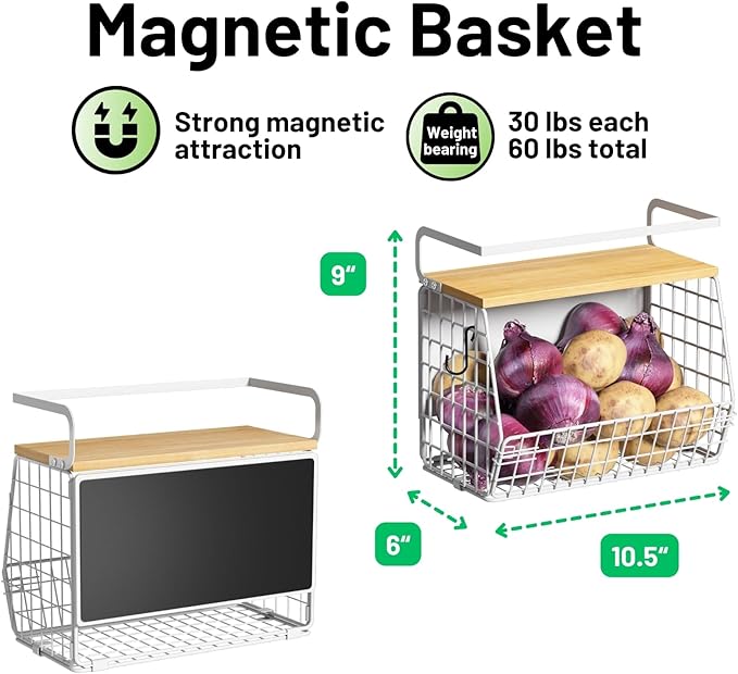 Ofiray-home Magnetic Shelf for Fridge with Wood Lid, Fruit Potato and Onion Storage Bins, Pantry Organizers & Storage, Large Container Magnetic Spice Rack for Refrigerator, Kitchen Counter (White, 1)