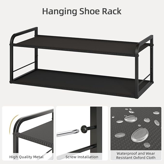 2 Pack Wall Mounted Shoe Rack, Carbon Steel Shoe Organizer with Removable Oxford Cloth, Non-Slip Space-Saving for Entryway Closet Bedroom, Black