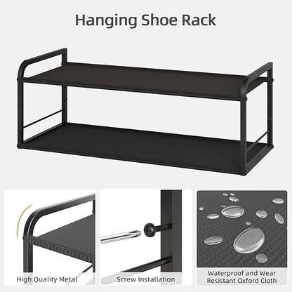 2 Pack Wall Mounted Shoe Rack, Carbon Steel Shoe Organizer with Removable Oxford Cloth, Non-Slip Space-Saving for Entryway Closet Bedroom, Black