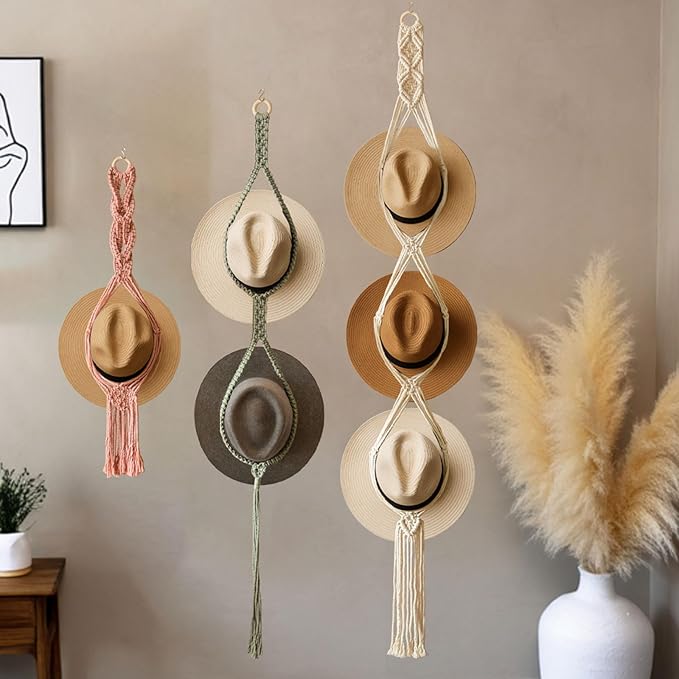 Boho Hat Organizer Rack, Macrame Hat Hanger, Handmade Hat Holder for Wall Hanging, Hat Storage for Wide-Brim Hats, Bohemian Hat Display for Bedroom, Living Room, Office(3 Styles & 3 Colors)