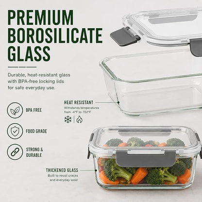 5 Pack 36oz Borosilicate Glass Food Storage Containers Set with Lids, Freezer Meal Prep Containers, Airtight Bento Lunch Container Set, Oven, Freezer and Dishwasher Safe, BPA Free, Kitchen Storage Set
