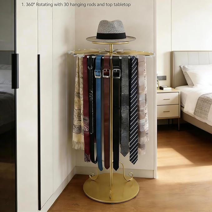 360° Rotating Gold Scarf Display Tie Rack Belt Hanger Holder Shawl Shelf, Adjustable Height Boutique Retail Display Stand Home Organizer for Commercial Clothing Store, Bedroom