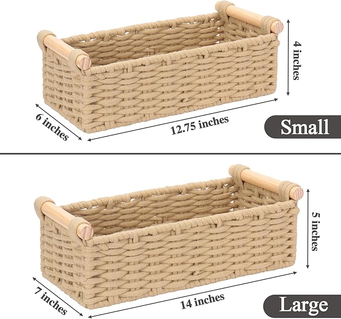 Boho Cotton Rope Storage Baskets Set of 2, Woven Wicker Organizer Bins with Wooden Handles, Small Decorative Boxes for Organizing, Toilet Paper Baskets for Bathroom Countertop, Shelves (Brown 2 Pack)
