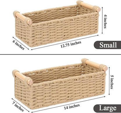 Boho Cotton Rope Storage Baskets Set of 2, Woven Wicker Organizer Bins with Wooden Handles, Small Decorative Boxes for Organizing, Toilet Paper Baskets for Bathroom Countertop, Shelves (Brown 2 Pack)