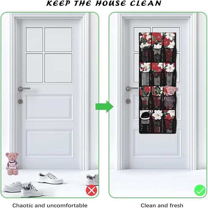 Poinsettia Flower Behind Door Organizer for Dorm Room Essentials,Xmas Decor Over The Door Hanging Organizer for Living Room,Large Capacity and 12 Pockets Wall Hanging Storage