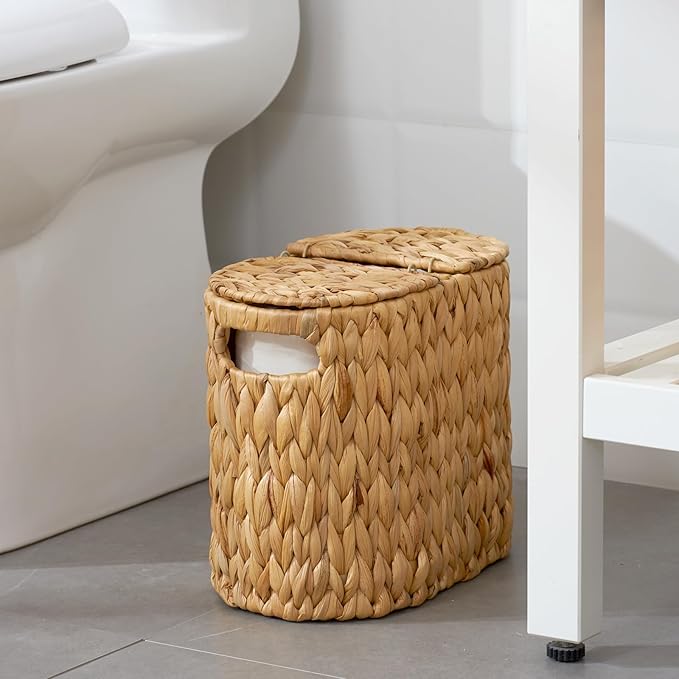 Toilet Paper Basket with Lid, Water Hyacinth Wicker Toilet Paper Storage Holder for 4 Rolls, Toilet Paper Storage for Bathroom