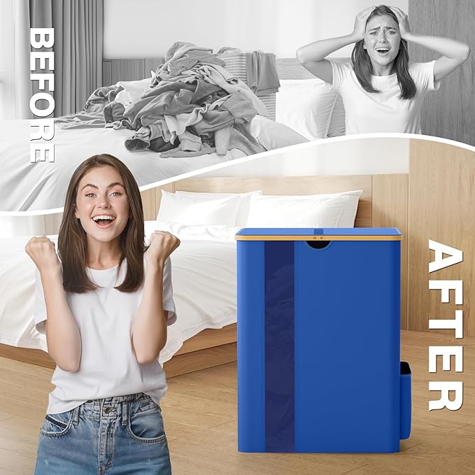 BlissTotes Laundry Basket with Lid, 150L Clothes Laundry Hamper with Handles and 2 Removable Laundry Bag, Breathable Design Hamper with Lid for Bedroom, Bathroom, Dorm, Laundry Room - Blue