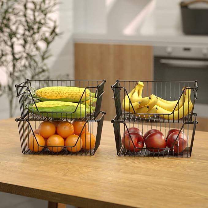 Slideep 14'' Black Stackable Storage Baskets Sturdy Metal Wire Freezer Bins Cabinet Organizer for Pantry Home Bathroom Kitchen Organization- Set of 2