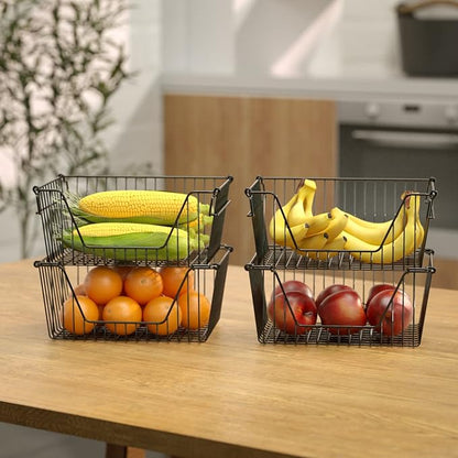 Slideep Wire Storage Baskets for Organizing, 4 Pack 14'' Stacking Metal Wire Freezer Organizer Bins with Handles, Large Pantry Baskets for Kitchen Cabinets, Bathroom, Laundry, Garage, Black