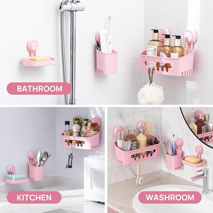 LEVERLOC Shower Caddy Suction Cup Set Shower Organizer & Soap Holder & Toothbrush Holder, Bathroom Shelf Basket NO-Drilling, Removable Suction Storage Waterproof Bathroom Caddy, Pink