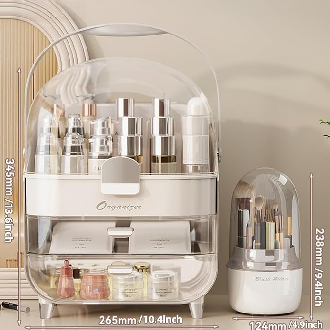Makeup Organizer, Skincare Organizers with Clear Lid & 2 Drawers and 360° Rotating Brush Holder