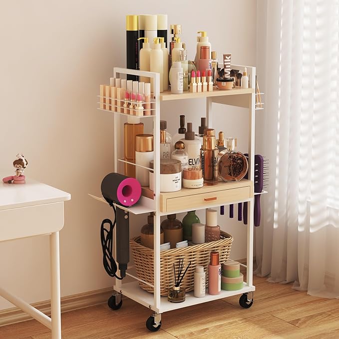 Xubialo 3 Tier Rolling Utility Cart with Wooden Drawer, Stable and Sturdy Made of Multifunctional Storage Organizer Tool for Kitchen, Bathroom, Makeup, Living Room, Baby Essentials, white