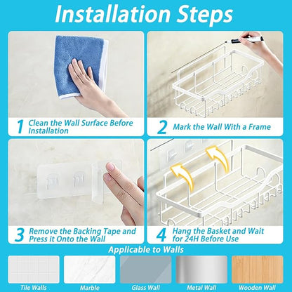 Fammart Adhesive Shower Caddy, 5-Pack Rustproof Stainless Steel Bathroom Organizer with 28 Hooks, No-Drill Large Capacity Shower Shelves for Bathroom Storage & Home Décor, White
