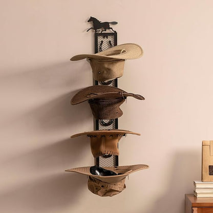 Cowboy Hat Holder for Wall, Metal Horseshoe Cowboy Hat Rack for 4 Hats, Rustic Vertical Western Hat Rack Wall Mount - Vintage Decorative Cowboy Hat Hanging Hanger with Hook