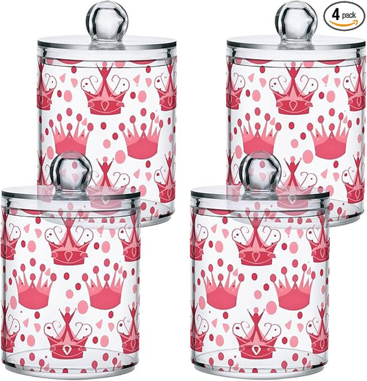 4 Pack Qtip Holder Dispenser Crown Pink Polka Dots Cotton Ball Swab Round Pads Floss Clear Bathroom Storage Containers Plastic Apothecary Jars with Lids