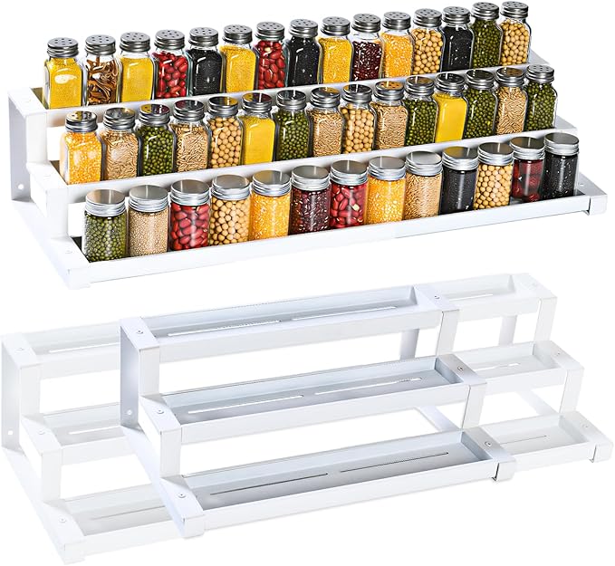 3-Tier Spice Rack Organizer for Kitchen Cabinet or Pantry, 16"-29" Expandable Spice Organization Shelf, Seasoning Organizer, Metal Display Shelf, Slip-Resistant Design for Jars and Bottles, White