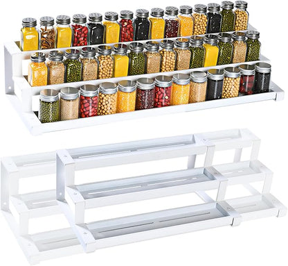3-Tier Spice Rack Organizer for Kitchen Cabinet or Pantry, 16"-29" Expandable Spice Organization Shelf, Seasoning Organizer, Metal Display Shelf, Slip-Resistant Design for Jars and Bottles, White