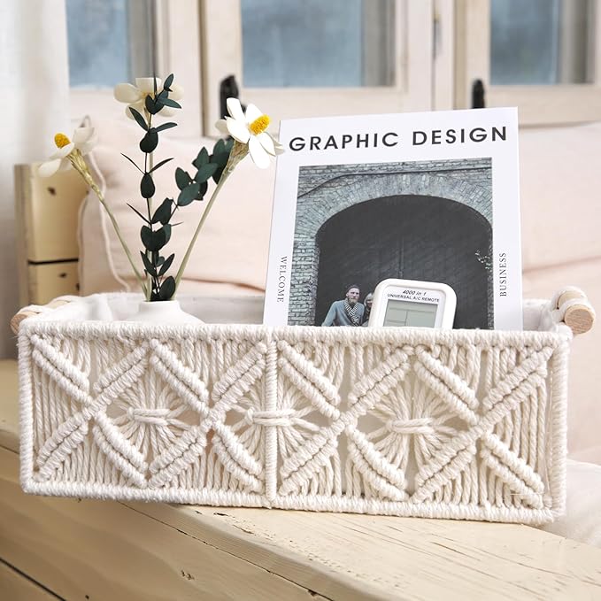 Nonam Macrame Storage Baskets, Boho Decor Style Woven Storage Boxes for Home Organization, Toilet Tank Shelf Cabinet Organizer Baskets,Set of 2 - White