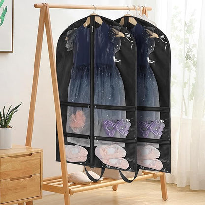 KEEGH Clear Garment Bags for Dance Costumes 40 inch Dance Garment Bags for Dancers Hanging Clothes for Closet Storage, with 4 Zipper Pockets for Dance Competitions, Ballet, Theatre, 2 Pack, Black