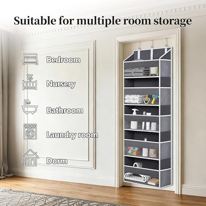 Over the Door Organizer with 5 Large Pockets and 10 Mesh Side Pockets, Hanging Organizer with Clear Windows 44 lbs Weight Capacity for Bedroom, Bathroom, Pantry, Nursery Dark Gray