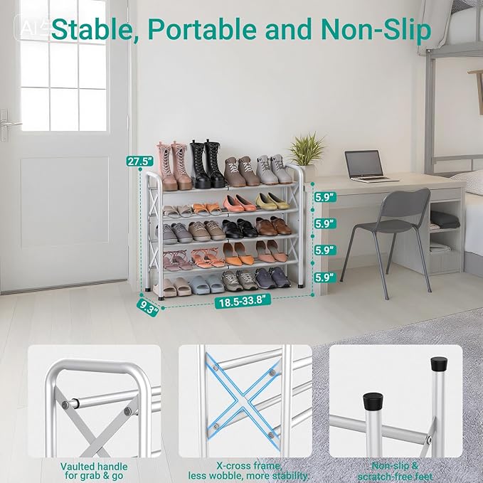 YEASHEIN 4-Tier Expandable Shoe Rack for Closet Floor, X-Frame Metal Small Shoe Rack for Entryway, Adjustable Shoe Shelf Organizer, Free Standing Shoe Racks for Front Door Entrance, Garage - White