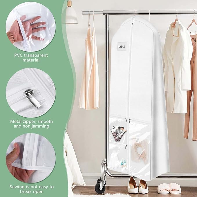 72" Long Wedding Dress Garment Bag Cover for Gowns Women with 10'' Gusseted Dress Bags 4 Pocket (White 1 Pack)