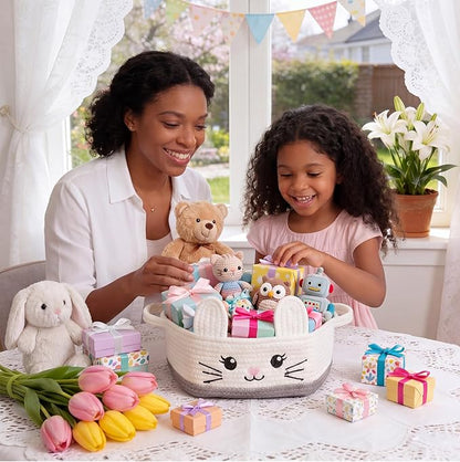 Small Woven Storage Basket with Handle, Cute Cotton Rope Bunny Baskets for Gift Empty, Storage Basket for Toy Organizer
