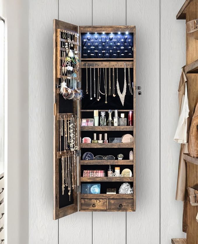 BTEXPERT 47" Mirror Jewelry Cabinet Armoire with 6 LED Lights, Large Full Length Jewelry Organizer with Storage, Wall-Mounted or Door-Hanging Mirror Cabinet, Rustic Brown,Lock Key