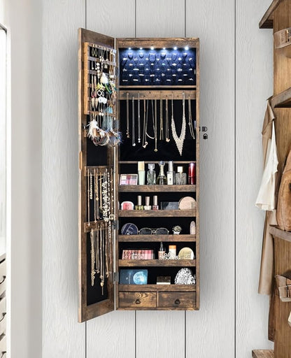 BTEXPERT 47" Mirror Jewelry Cabinet Armoire with 6 LED Lights, Large Full Length Jewelry Organizer with Storage, Wall-Mounted or Door-Hanging Mirror Cabinet, Rustic Brown,Lock Key