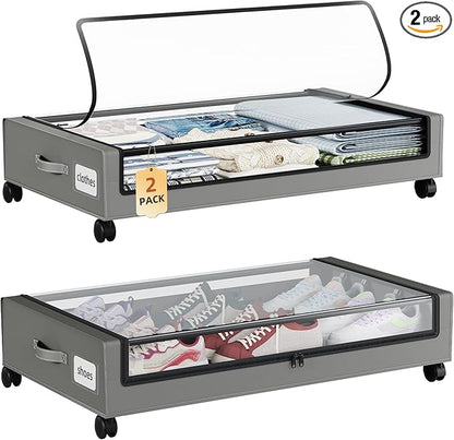 Somdot Under Bed Storage with Wheels, 2 Pack Bed Storage Containers with Dividers & Clear Lids, Easy Pull-out Metal Drawer for Clothes, Shoes,Toys, Blankets (Charcoal Grey)