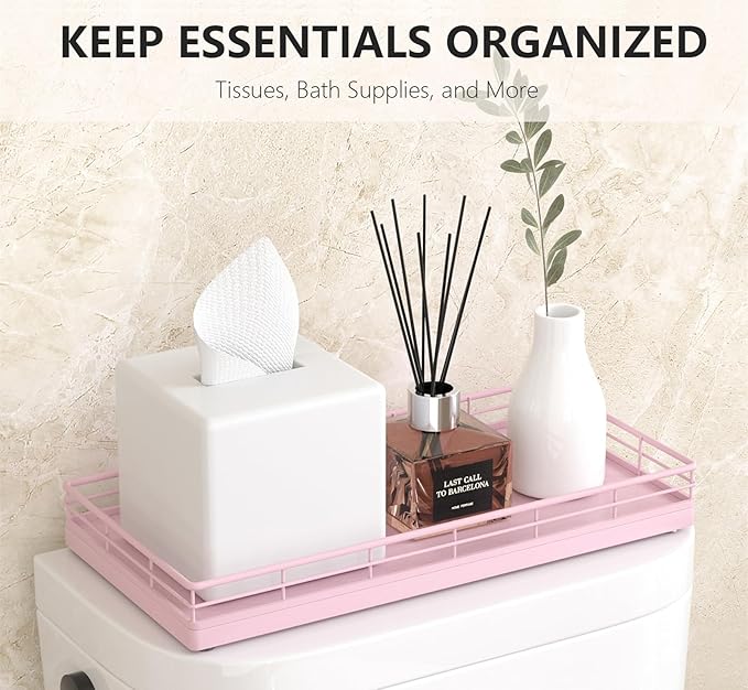 Toilet Paper Basket Organizer – Oak Wood Toilet Tank Tray with Metal Frame, Bathroom Counter Top Storage for Toilet Paper, Wipes & Decor, Modern Narrow Back of Tank Shelf Organizer, Pink