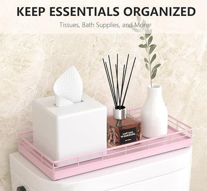Toilet Paper Basket Organizer – Oak Wood Toilet Tank Tray with Metal Frame, Bathroom Counter Top Storage for Toilet Paper, Wipes & Decor, Modern Narrow Back of Tank Shelf Organizer, Pink