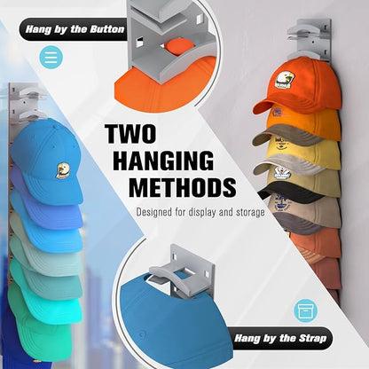 Hat Organizer for Baseball Caps, Hat Rack for Wall with Strong Adhesive Hold up to 10 Hats, Hat Hanger Holder Display for Door Closet, Cap Organizer Storage Multilayer Two Mounting Option(Grey)