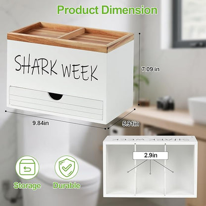 Tampon Holder for Bathroom, Feminine Product Organizer with Lid and Drawer, Wood Shark Week Tampon Storage, Lady Stuff Box for Bathroom Accessories and Toilet Organizer
