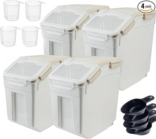 RUIAN 25lb Flour Rice Storage Containers Bin, Large Airtight Storage Container with Wheels Seal Locking Lid, with Measuring Cup&Scoop for Flour, Rice, Grain(Gray 4PCS)