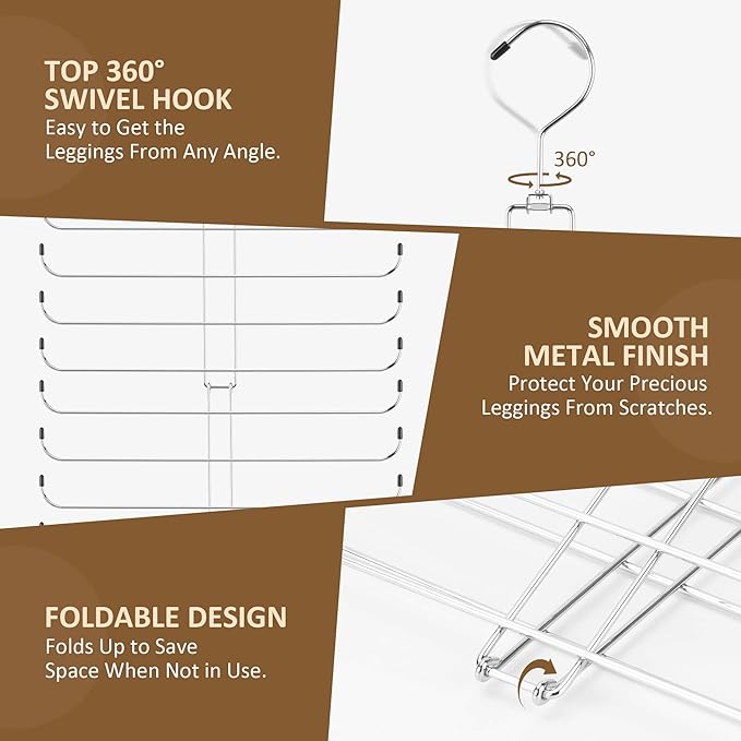 ZEDODIER Legging Organizer for Closet Hanging, Rotatable Yoga Pants Hanger for Women's XS-XL and Girls' Leggings, Holds Up to 20 Pairs Leggings, Space-Saving Closet Organizers and Storage, Silver