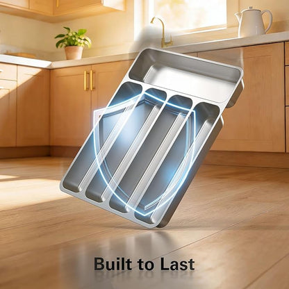 Zarler Stainless Steel Silverware Organizer, Durable Metal Utensil Drawer Organizer with 5 Compartments, Silverware Tray for Drawer, Dishwasher Safe, 13.8" x 11.4" x 1.6", Silver