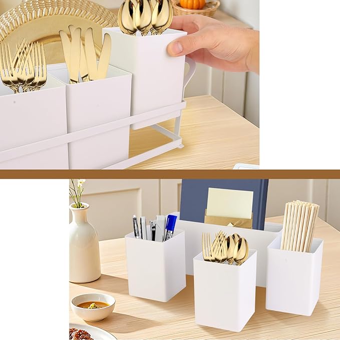 Silverware Caddy Metal Utensil Holder for Party Countertop Silverware Utensil Caddy Cutlery Flatware Organizer for Spoons Forks Plates Napkins White