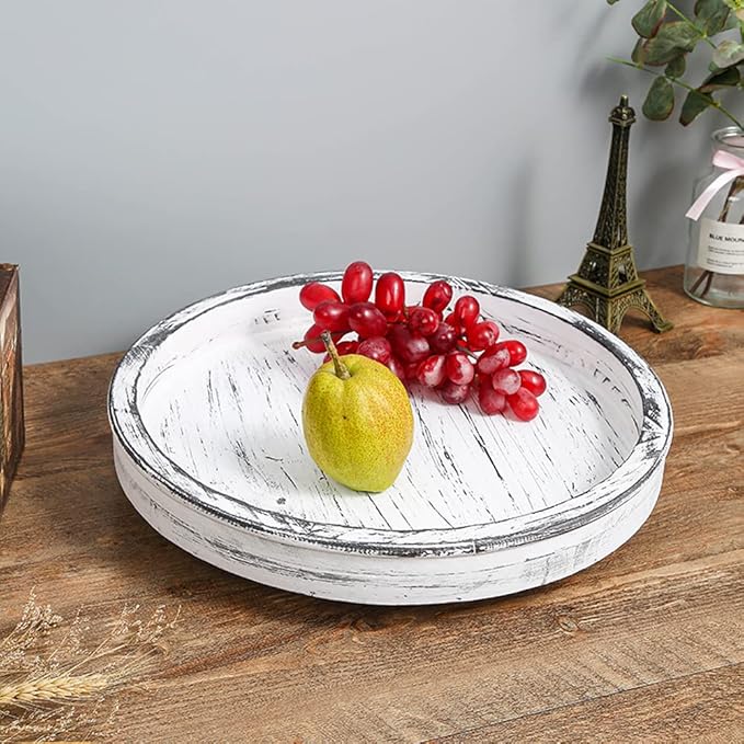 14Inch Rustic Round Wood Lazy Susan Distressed Tray-Distressed Farmhouse Turntable Tray, Cabinet Organizer, and Dining Table (White)
