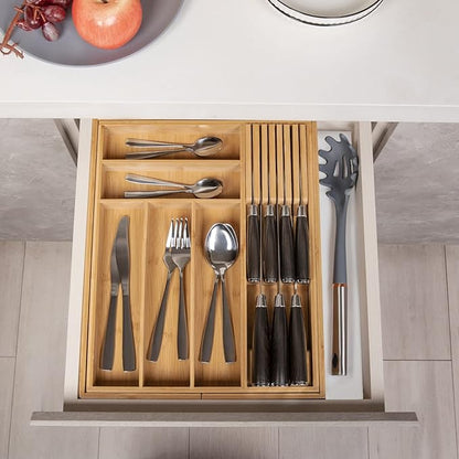 TIOPGHAD Bamboo-Silverware-Drawer-Organizer-Kitchen, Expandable Utensil Holder Cutlery Tray Flatware Organization Adjustable Wood Tableware Dividers Storage (with Removable Knife Block)(Natural)