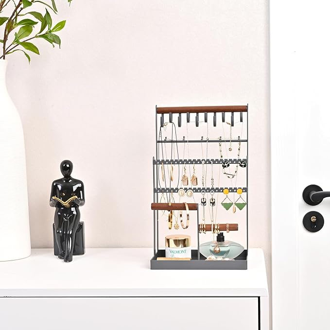 Lolalet Jewelry Holder Organizer Jewelry Stand, 6 Tier Jewelry Rack Necklace Holder Organizer with 15 Hooks and Bottom Tray, Jewelry Tower Display Storage Tree for Bracelets Earrings Rings -Grey