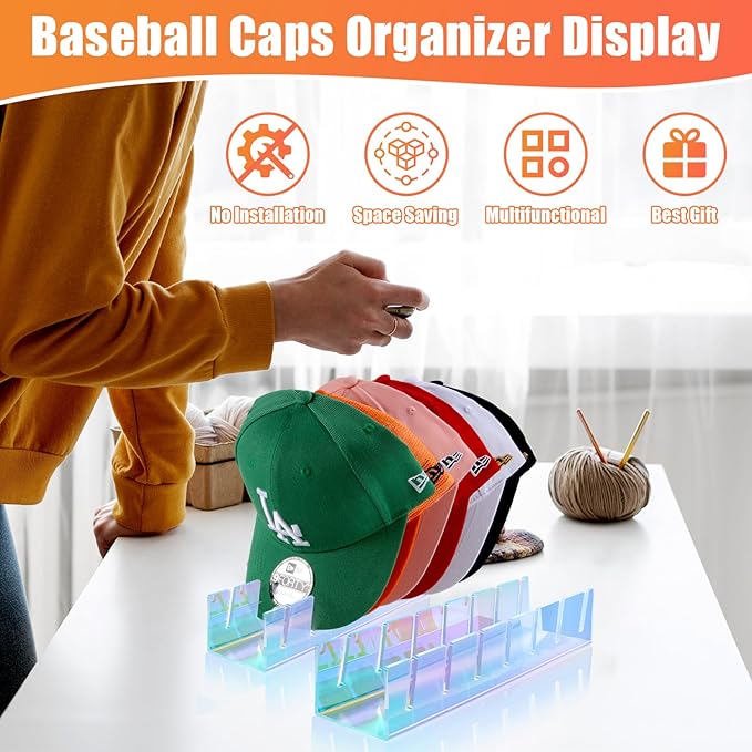 Hat Stand for Baseball Caps, 2 Pack No Install Acrylic Hat Organizer for 14 Baseball Caps Storage Organizer, Hat Racks Hat Holder Display and Organization for Closet, Bedroom, Dresser (Colorful-2Pack)