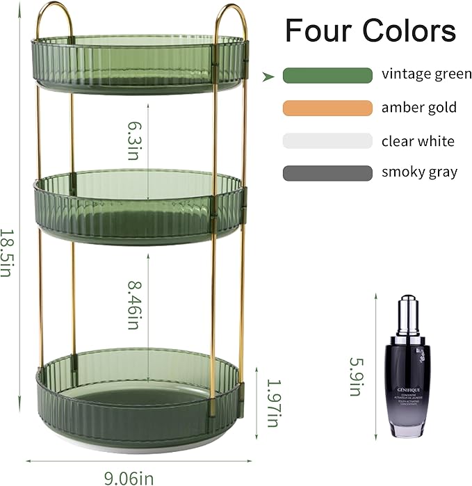 YCIA&DONE 360 Rotating Makeup Organizer and Storage for Vanity Countertop 3 Tiers, High Capacity Cosmetic Skincare Perfume Organizers for Dresser Bathroom Lazy Susan (Vintage Green)