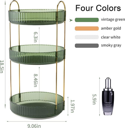 YCIA&DONE 360 Rotating Makeup Organizer and Storage for Vanity Countertop 3 Tiers, High Capacity Cosmetic Skincare Perfume Organizers for Dresser Bathroom Lazy Susan (Vintage Green)