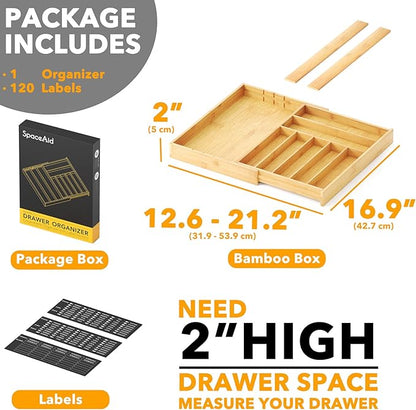 SpaceAid Bamboo Silverware Drawer Organizer with Labels, Kitchen Utensil Expandable Tray Holder Organizer for Flatware, Cutlery, Spoon and Knives Drawer Storage Organization (Natural, 10 Slots)